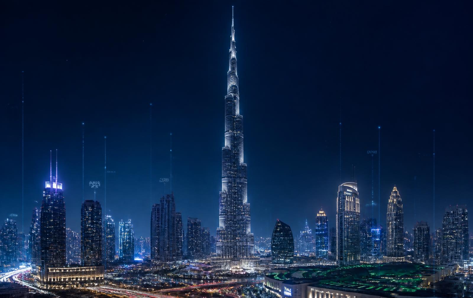 Burj Khalifa and the Dubai skyline at night with data overlays, representing system integration work