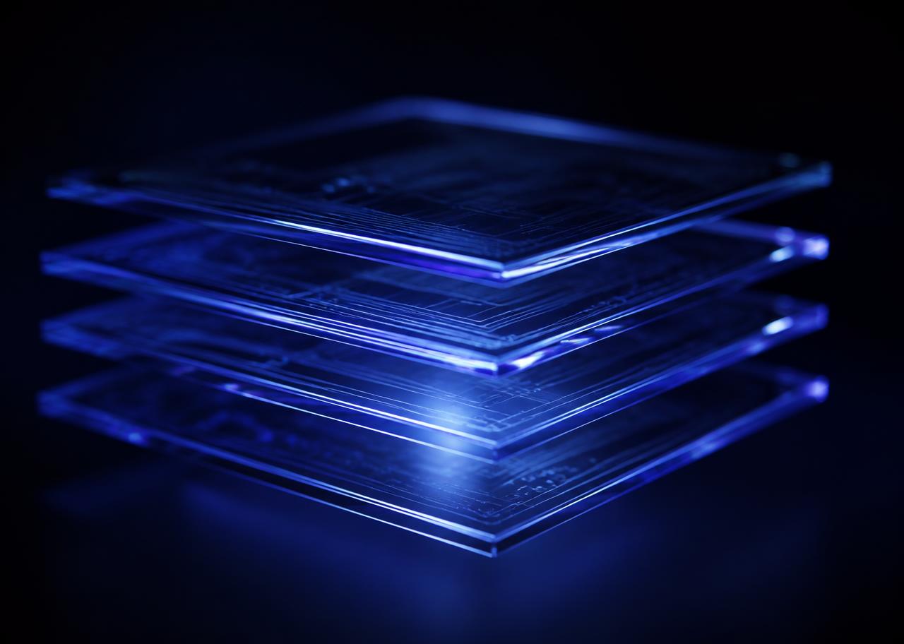 Stacked translucent glass layers illustrating the LayerOS framework for custom AI agents