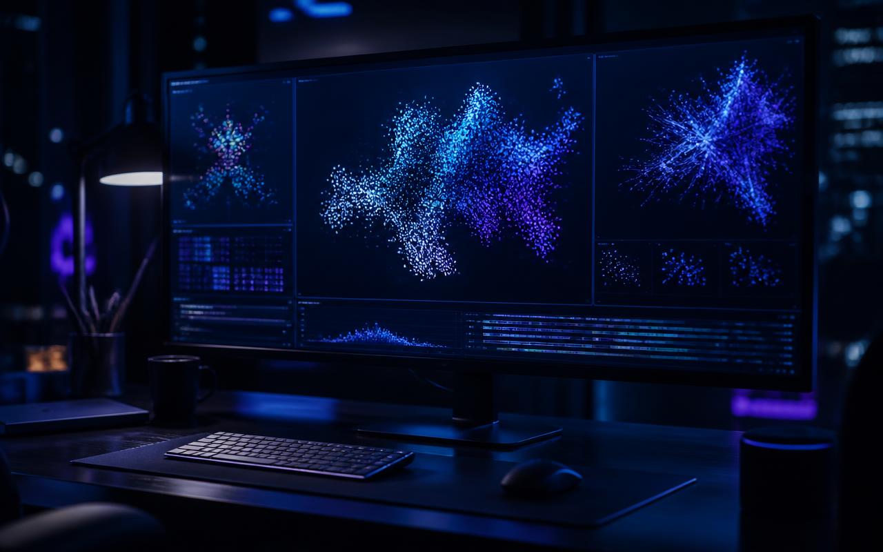 AI workstation showing embedding clusters and knowledge graphs used in a BitDocs AI journey engagement