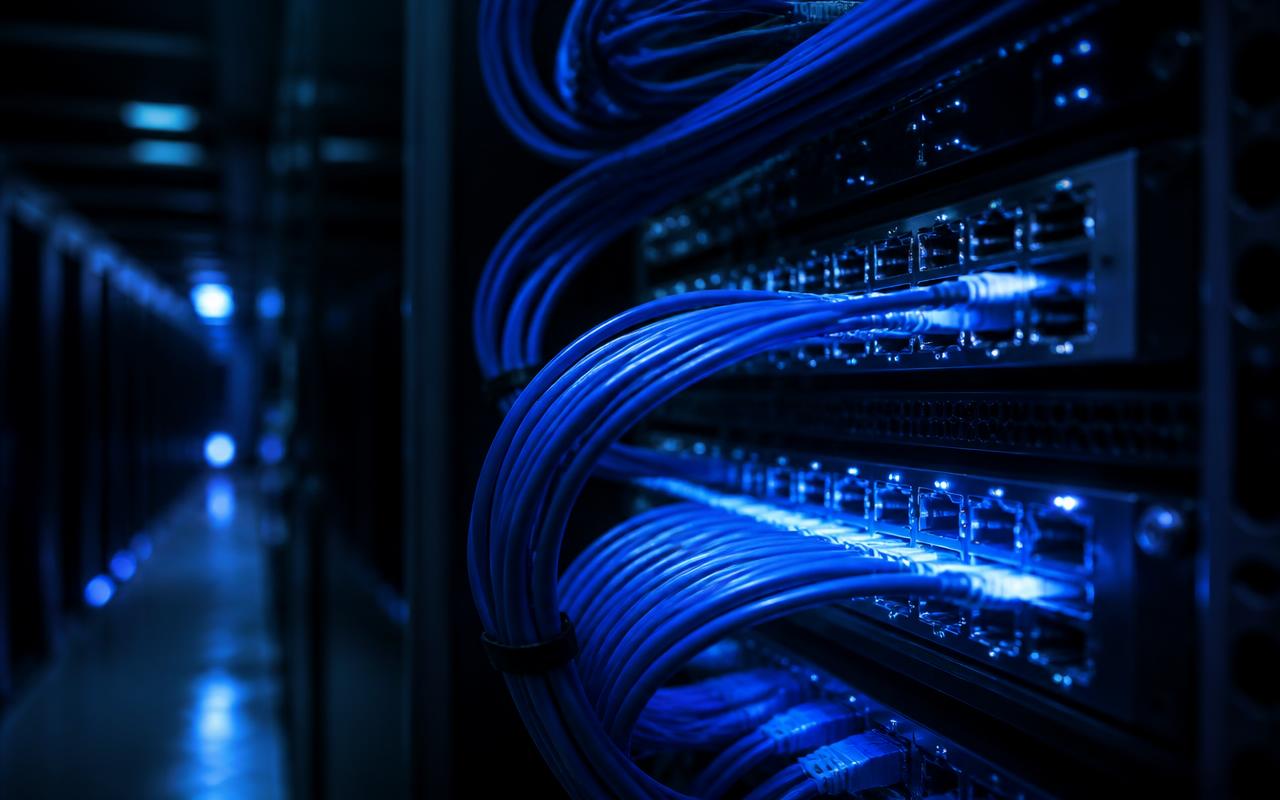 Data center rack with glowing network cabling representing cloud-native implementation and DevOps