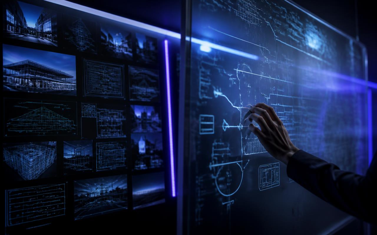 Architect drawing a system flow on a glass board surrounded by architecture diagrams
